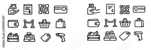 A set of retail and shopping line icons featuring elements like a