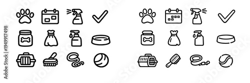 A set of black and white line icons for pet care and animal services