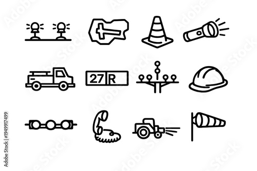 A collection of twelve hand-drawn line icons depicting construction
