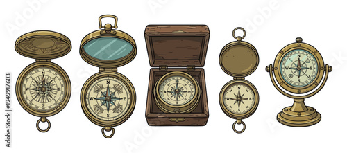 Collection of five antique nautical compasses in brass cases, including pocket watch styles and a gimbaled version, shown in a detailed hand-drawn illustration for travel and adventure