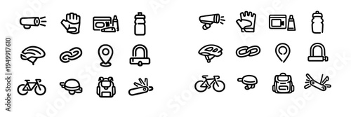 A collection of hand-drawn bicycle accessories and equipment icons in