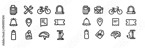 A collection of black line icons representing bicycle maintenance and