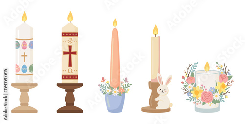 Five decorative Easter and spring themed candles featuring a Paschal candle, bunny, painted eggs, and floral arrangements in a charming flat illustration set