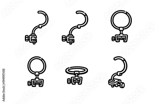 A collection of six minimalist line art icons depicting various