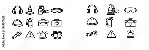 This set of black and white line icons features essential safety