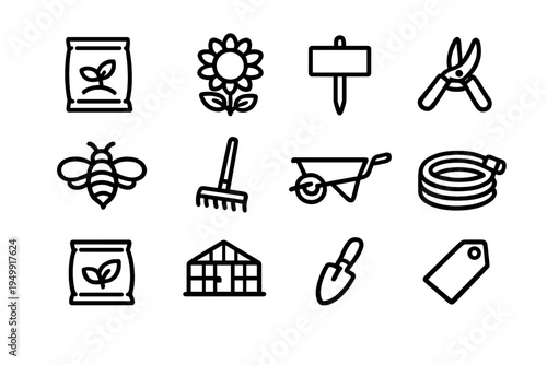 A set of twelve minimalist black line icons related to gardening and