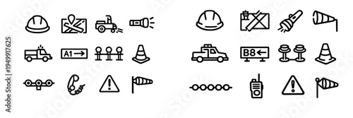 A collection of black and white line icons representing airport