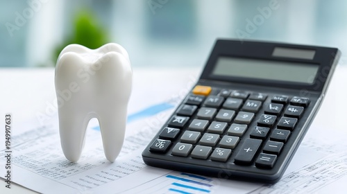 Dental savings with calculator and stacked coins on beige surface