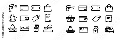 A collection of minimalist black line icons for retail and shopping
