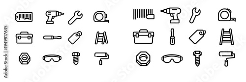 A collection of minimalist line icons for tools and hardware