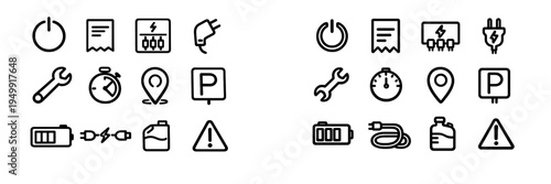A collection of black line icons for electric vehicle charging