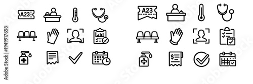 A collection of black line icons representing medical and