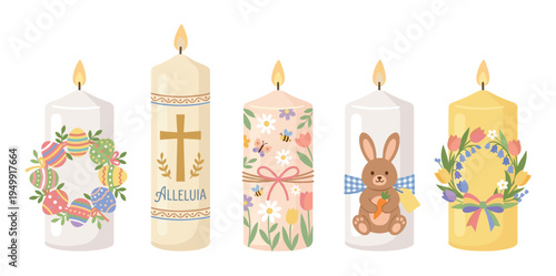 Set of five decorative Easter candles with various holiday symbols including a Paschal cross, a cute bunny, colorful eggs, and spring flowers, all burning with a warm flame