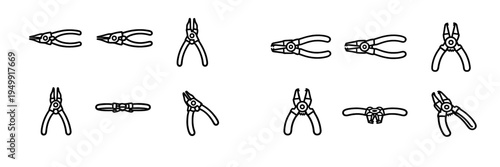 A collection of black and white line art icons representing various