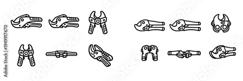 A collection of black and white line art icons depicting various