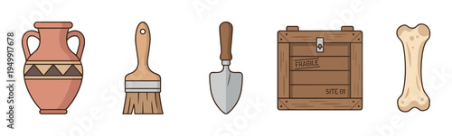 Archaeological excavation icon set with an ancient amphora, dusting brush, trowel, wooden crate, and fossilized bone, depicted in a simple, outlined cartoon vector illustration