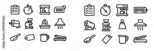 This set of minimalist black and white line icons features various