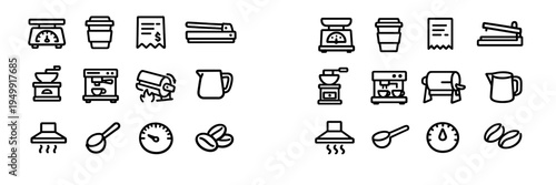 A collection of minimalist black and white line icons representing