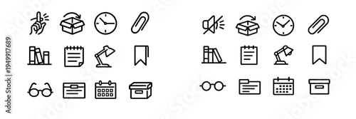 A collection of minimalist black line icons representing office