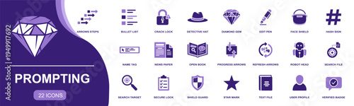 Prompting icon set. Containing arrows steps, bullet list, crack lock, edit pen, robot head, search file, secure lock, verified badge, user profile and more. Solid fill icons collection.