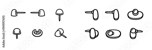 A collection of black and white line art illustrations depicting