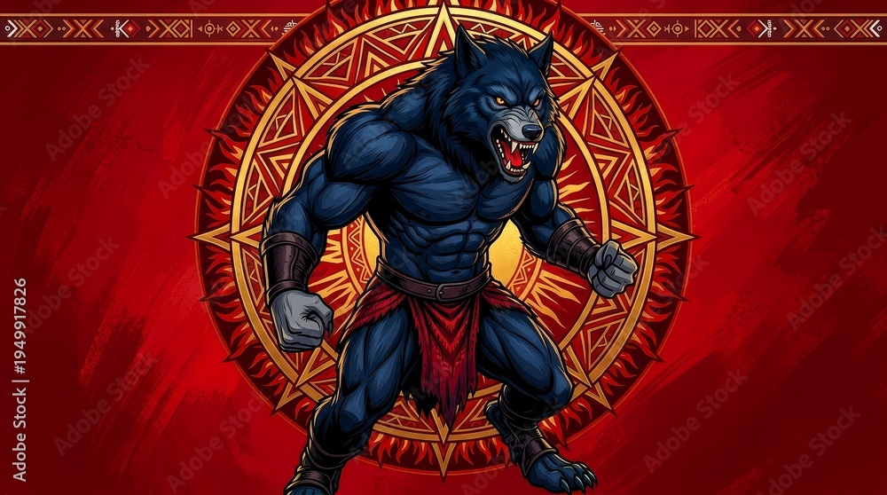 Obraz premium Sri Lankan Mahasona demon digital illustration anthropomorphic wolf devil character on red mandala background