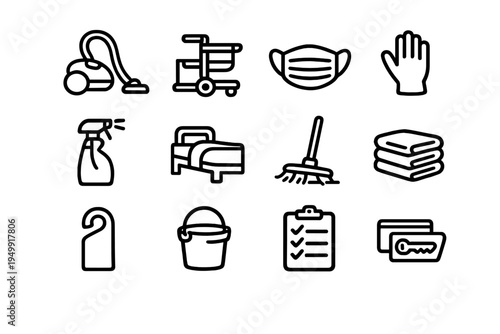 A collection of twelve black and white line icons representing hotel