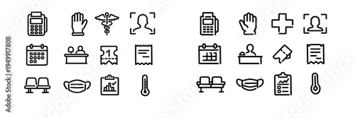 A set of minimalist black line icons representing healthcare, medical