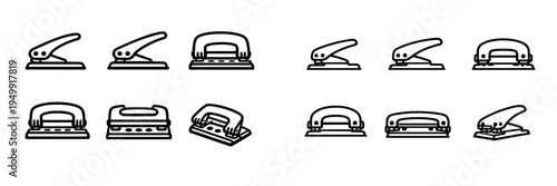 A collection of black and white line art icons depicting various