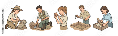 Set of cartoon illustrations of archaeologists at work shows the process of excavation, from digging and brushing a discovery to measuring the site and preserving ancient artifacts