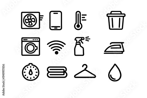 A collection of twelve minimalist line icons representing household