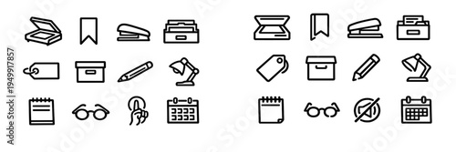 A set of black and white office and stationery icons in a minimalist