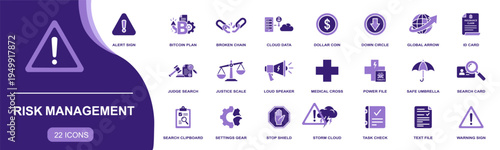 Risk management icon set. Containing alert sign, broken chain, cloud data, justice scale, safe umbrella, stop shield, warning sign, task check and more. Solid fill vector icons collection.