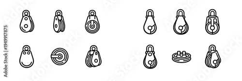 A collection of black and white line art icons featuring various