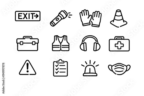 A collection of 12 black line icons representing safety and emergency
