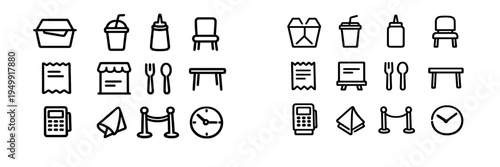 A collection of minimalist black line icons representing various