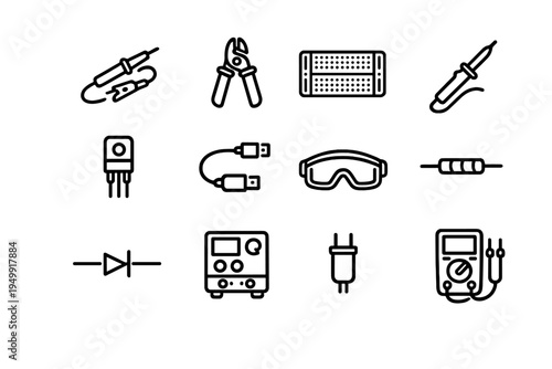 A collection of twelve minimalist line icons representing electronics