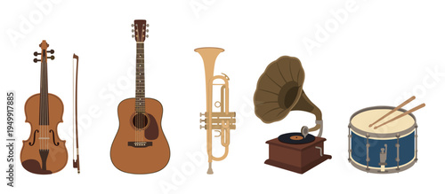 Collection of classic musical instruments featuring a violin, acoustic guitar, trumpet, vintage gramophone, and snare drum in a simple vector illustration