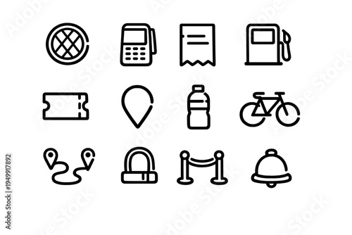 A collection of twelve minimalist black line icons representing