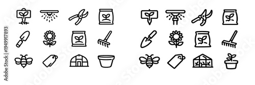 A collection of minimalist black and white line icons for gardening
