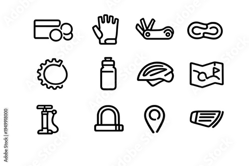 A set of twelve minimalist line icons representing bicycle