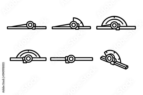 A set of six black and white line art icons depicting a miter gauge