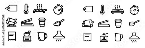 A set of minimalist black line icons related to coffee roasting and