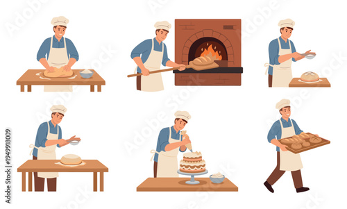 Male baker character illustration set showing various stages of the baking process like kneading dough, using a brick oven, decorating a cake, and carrying fresh bread
