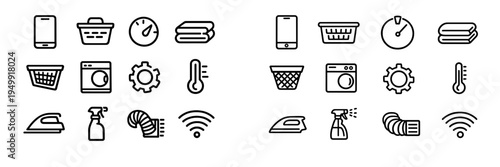 A collection of minimalist black line icons representing laundry and