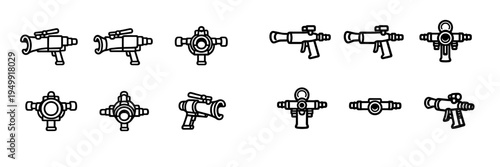 A collection of black and white line art icons depicting rocket