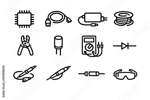 A set of 12 minimalist line icons representing electronics components