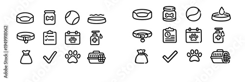 A comprehensive set of black and white line icons for pet care and