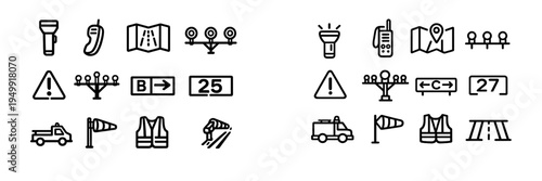 A collection of minimalist line icons representing airport ground