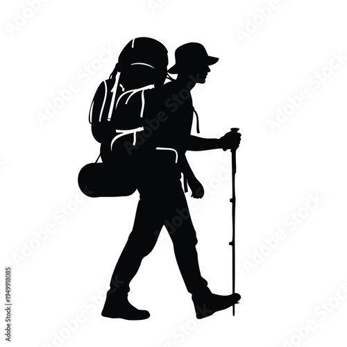 Hiker silhouette with trekking pole and backpack isolated on white
